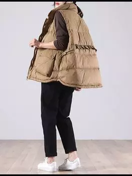 2024 осень новый пуховый жилет свободный большой размер литературный воротник-стойка клапан большой карман грибок край жилет куртка one size fits all чёрный