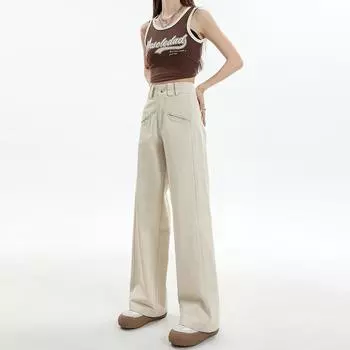 2024 Осень Повседневная Рабочая Одежда Однотонные Джинсы Женские Свободные Универсальные Прямые Брюки С Высокой Талией XS