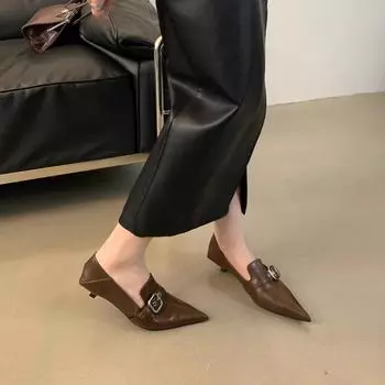 2024 осень пряжка ремень низкий каблук острый одинарные туфли женственные мягкая кожа шаг каблук кошачий каблук средний каблук маленькие кожаные туфли 34 чёрный
