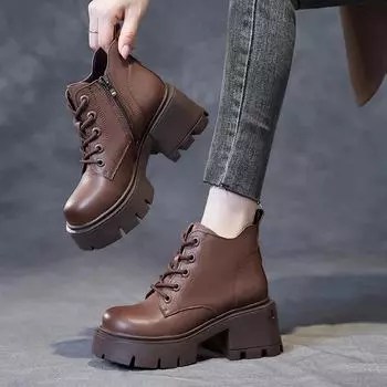 2024 Осень Ранняя Зима Обувь Женские Ботильоны Натуральная Кожа Современные Туфли На Высоком Каблуке Женские Квадратные Каблуки 6,5 см Черный Коричневый D206 34 бежевый