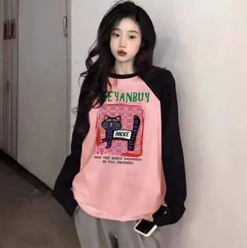 2024 осень розовая женская футболка смешной мультяшный принт O-образный вырез контрастного цвета длинный рукав футболка большой размер футболка BF y2k топы женские уличные футболки M