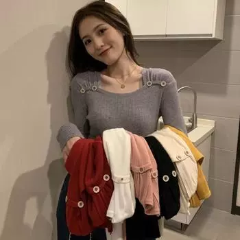 2024 Осень свитер Женский однотонный О-образный вырез Пуловеры Базовый Primer Pull Femme Button Chic топы Джемпер Мягкий тонкий трикотажные свитера one size чёрный