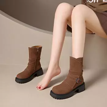 2024 осень толстый каблук круглый носок ретро британский стиль средний каблук ботинки Martin женские замшевые на толстой подошве с пряжкой на ремне короткие ботинки 35 чёрный