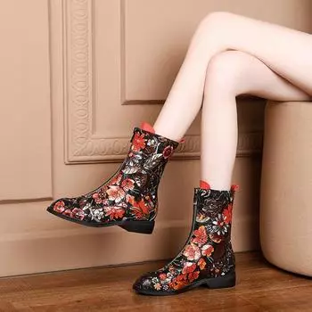 2024 осень толстый каблук стразы низкий каблук короткие сапоги женские сапоги вышитые цветные сапоги Мартин этнический стиль 34 павлин голубой