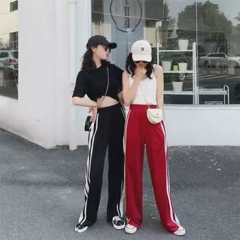 2024 Осень Унисекс Широкие Спортивные Повседневные Брюки - Тонкие, Свободного Покроя, Большой Размер Large чёрный