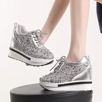 2024 Осень Увеличение Универсальные Маленькие Белые Туфли Новые Дышащие Толстые Подошвы Склонного Каблука Повседневные Одиночные Туфли Для Женщин 35 чёрный