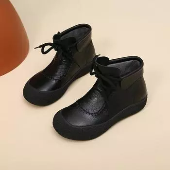 2024 Осень Винтаж Ручной Работы Мягкая Кожа Шитье Короткие Сапоги Низкий Каблук Круглый Носок Короткие Сапоги Труба Женские Резиновые Короткие Сапоги 35 чёрный