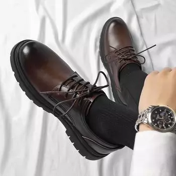 2024 Осень Высококачественные кожаные мужские туфли на шнуровке на платформе класса люкс в британском стиле, дизайнерские повседневные кожаные туфли на толстой подошве 38 чёрный