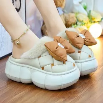 2024 Осень водонепроницаемые мюли обувь для женщин зимние пушистые банты тапочки наружные меховые шлепанцы модные 6 см платформа домашние тапочки 36-37