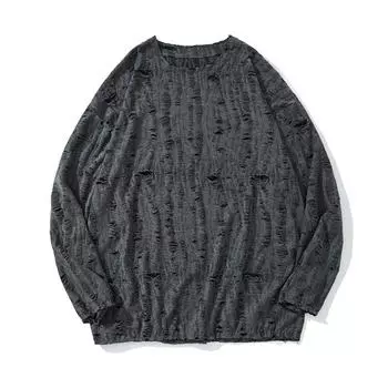 2024 осень y2k уличная мужская новинка ретро свитер с бахромой и дырками свободный универсальный свитер для мужчин и женщин свитер с длинным рукавом M чёрный