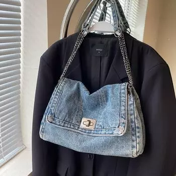 2024 Осень Женская джинсовая сумка большой вместимости с цепочным плечевым ремнем - Новая повседневная сумка для поездок на работу темно-синий