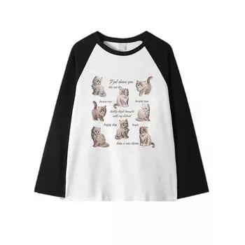 2024 осень женская футболка с рисунком мультфильма O-образный вырез контрастного цвета с длинным рукавом свободные осенние футболки женские лоскутные футболки M