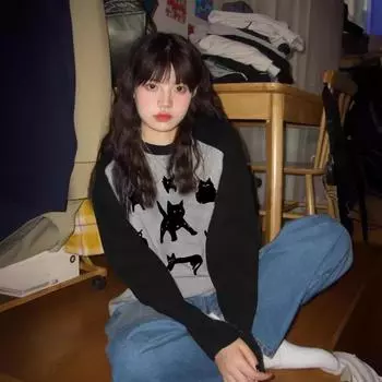 2024 осень женская футболка с рисунком мультфильма O-образный вырез контрастного цвета с длинным рукавом футболка свободного покроя женские футболки в стиле пэчворк M