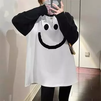 2024 осень женская футболка смешной графический принт О-образный вырез контрастного цвета длинный рукав футболка большой размер y2k футболки топы женские пэчворк футболки M