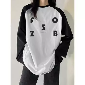 2024 осень женская футболка винтажный буквенный принт О-образный вырез контрастного цвета длинный рукав футболка свободные футболки топы женские пэчворк футболки M