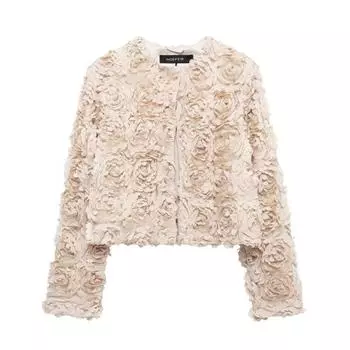 2024 Осень Женская Куртка Короткая Повседневная Текстурированная Цветочная Элегантная Куртка Женская Мода Длинный Рукав Уличная Одежда Новая Верхняя Одежда XS