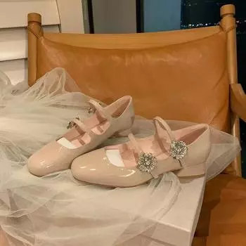 2024 Осень Женская мода Блестящие Цветочные Туфли Мэри Джейн с Двойной Пряжкой Лакированная Кожа Платье Квадратная Голова Среднего Каблука Женские Туфли 35 белый