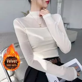 2024 Осень Женская Ретро Приталенная Рубашка Сетчатой Строчки Длинные Рукава С Полувысоким Воротником XL чёрный