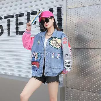 2024 Осень Женская Ветровка Из Мультипликационного Джинса - Трендовая Куртка Средней Длины One Size
