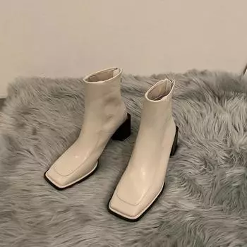 2024 Осень Женские Ботильоны Модные Тапочки С Квадратным Носком Задние Тапочки Женские Короткие Сапоги Квадратный Высокий Каблук Женская Зимняя Обувь Женская Обувь 35 бежевый