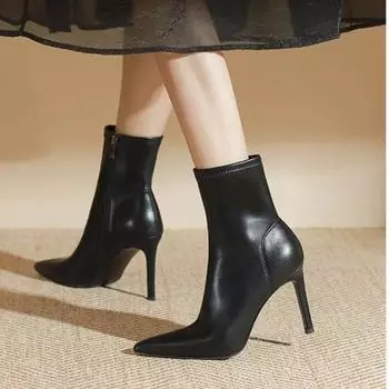 2024 Осень Женские Ботильоны Сексуальные Туфли-лодочки с острым носком на высоком каблуке Модные Ботильоны-Челси Для Похудения Женские Туфли На Шпильках 35 бежевый