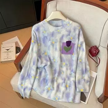 2024 Осень Женские однотонные свитера Вязание Базовая мода О-образный вырез Стиль Свободный пуловер Свитер One Size фиолетовый