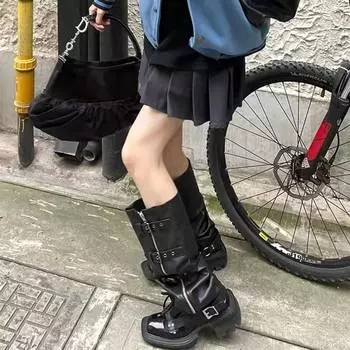 2024 Осень Женские Сапоги До Колена Ламинированные Сапоги Плоской Платформы Носок Популярные Женские Длинные Сапоги На Массивном Каблуке Гладиаторские Сапоги 35 чёрный