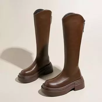 2024 Осень Женские высокие сапоги на толстой подошве с круглым носком и толстым носком выше колена 35 бежевый