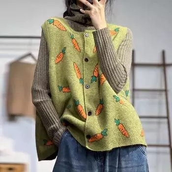 2024 Осень Женский Безрукавный Жилет На Пуговицах Печать О-Образным Вырезом Свитера Вязание Повседневный Стиль Свободный Свитер One Size зелёный