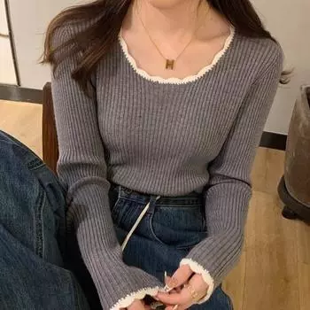 2024 осень женский свитер пуловер с длинным рукавом топ с круглым вырезом повседневный модный женский джемпер сексуальный вязаный свитер женский пуловер топы One Size