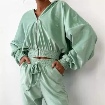 2024 Осень Женский свитер с капюшоном, однотонный костюм, кардиган на молнии, куртка, брюки на шнурке, комплект из двух предметов S синий