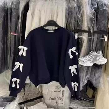 2024 Осень Женский свободный крой с бантом, круглым вырезом и длинными рукавами Модный свитер L темно-синий