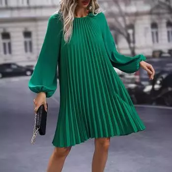 2024 осень Женский свободный плиссированный пляжный сарафан однотонное платье с рукавами-фонариками Милое плиссированное платье Мини-платье Элегантные зеленые платья S