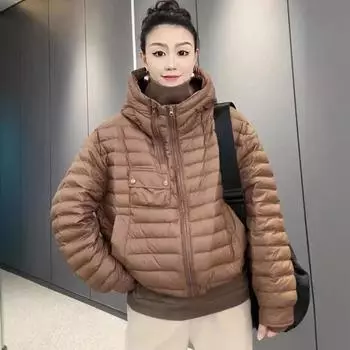2024 осень-зима 90 утиный пуховик женский с капюшоном легкий и тонкий однотонный куртка из хлеба теплая куртка S 90 - 62.5 kg кофейный