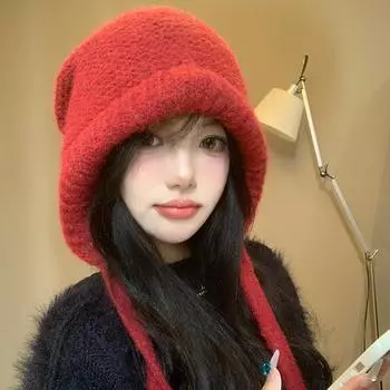 2024 Осень/Зима Анкара Красная Балаклава Женская плюшевая теплая универсальная вязаная шапка из пряжи M56-58cm красный