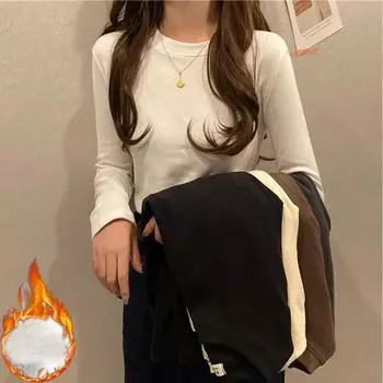 2024 осень-зима бархатная футболка с круглым вырезом и длинным рукавом для женщин Harajuku повседневная тонкая толстая теплая футболка женская M