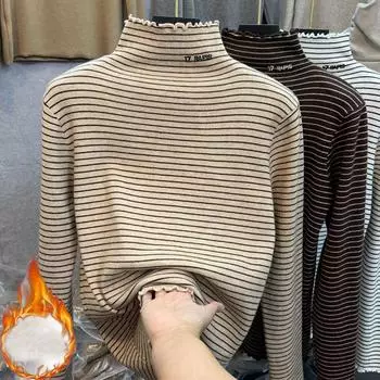 2024 осень-зима бархатная полуводолазка с длинным рукавом в полоску футболка женская Harajuku повседневная тонкая толстая теплая нижняя часть футболки женская M