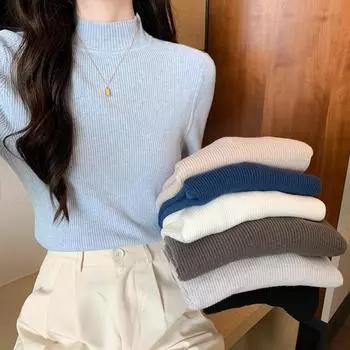 2024 Осень-зима Базовый джемпер Верхний женский ребристый мягкий воротник-стойка Эластичный пуловер Теплый однотонный тонкий джемпер свитера one size чёрный