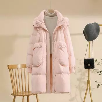 2024 осень-зима белая куртка-пуховик женская средняя и длинная свободная повседневная теплая универсальная удлиненная куртка до колена S чёрный