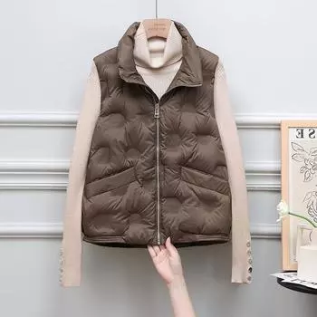 2024 осень-зима белый утиный пух короткий воротник-стойка без рукавов свободный прессованный клеевой пуховик жилет женский новый жилет прилив S чёрный