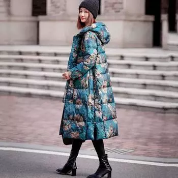 2024 осень-зима белый утиный пух с принтом пряжка в китайском стиле этнический стиль пряжка с обеих сторон длинный пуховик M зелёный