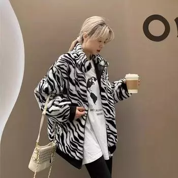 2024 осень-зима большой размер новый меховой жакет с рисунком зебры воротник-стойка искусственный мех кролика молния женская прошитая одежда S