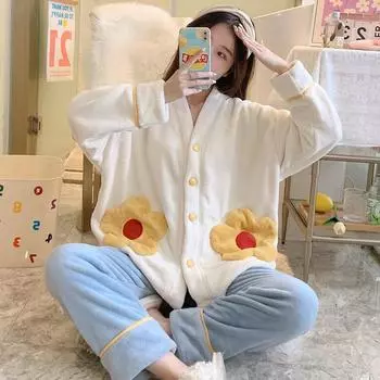 2024 Осень Зима Цветочные пижамы комплекты женские Кардиган утолщенный теплый коралловый бархат пижамный комплект фланель школьный пижамный костюм женская милая домашняя одежда M