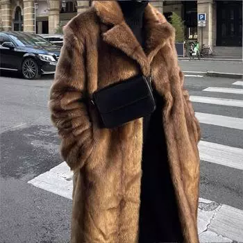 2024 осень-зима длинное меховое пальто, элегантный темперамент теплое утолщенное плюшевое пальто S коричневый