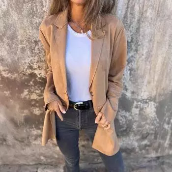 2024 осень-зима длинное шерстяное пальто женское замшевое с лацканами и длинными рукавами повседневная универсальная куртка S коричневый