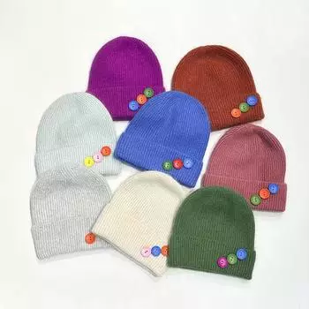 2024 Осень/Зима Dopamine Color Корейская версия вязаная шапка из кроличьей шерсти женская теплая вязаная шапка на пуговицах для пары 56-58cm чёрный