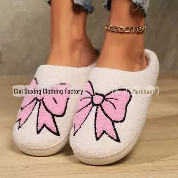 2024 Осень/Зима Европейские и Американские Хлопковые Тапочки С Вышитым Бантом 38-39