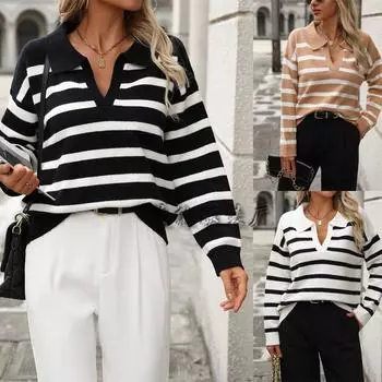 2024 Осень/Зима Европейский и Американский женский новый модный сращивающийся полосатый воротник свободный большой вязаный свитер S белый