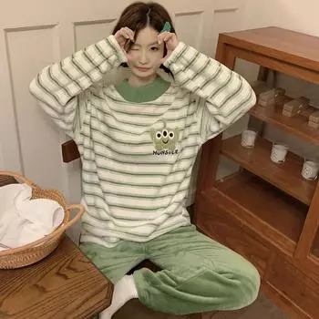 2024 Осень Зима Фланелевая Теплая Женская Пижама Комплект Длинный Рукав Женская Пижама Зеленая Полосатая Двухкомпонентный Комплект Пижамы Молодежная Коралловая Бархатная Домашняя Одежда M зелёный