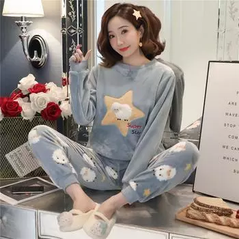 2024 Осень-Зима Фланелевые Теплые Женские Пижамные Комплекты С Длинным Рукавом Женская Пижама Милые Мультяшные Звезды Комплект Из Двух Частей Пижама Коралловый Бархат Пижама Домашняя Одежда M
